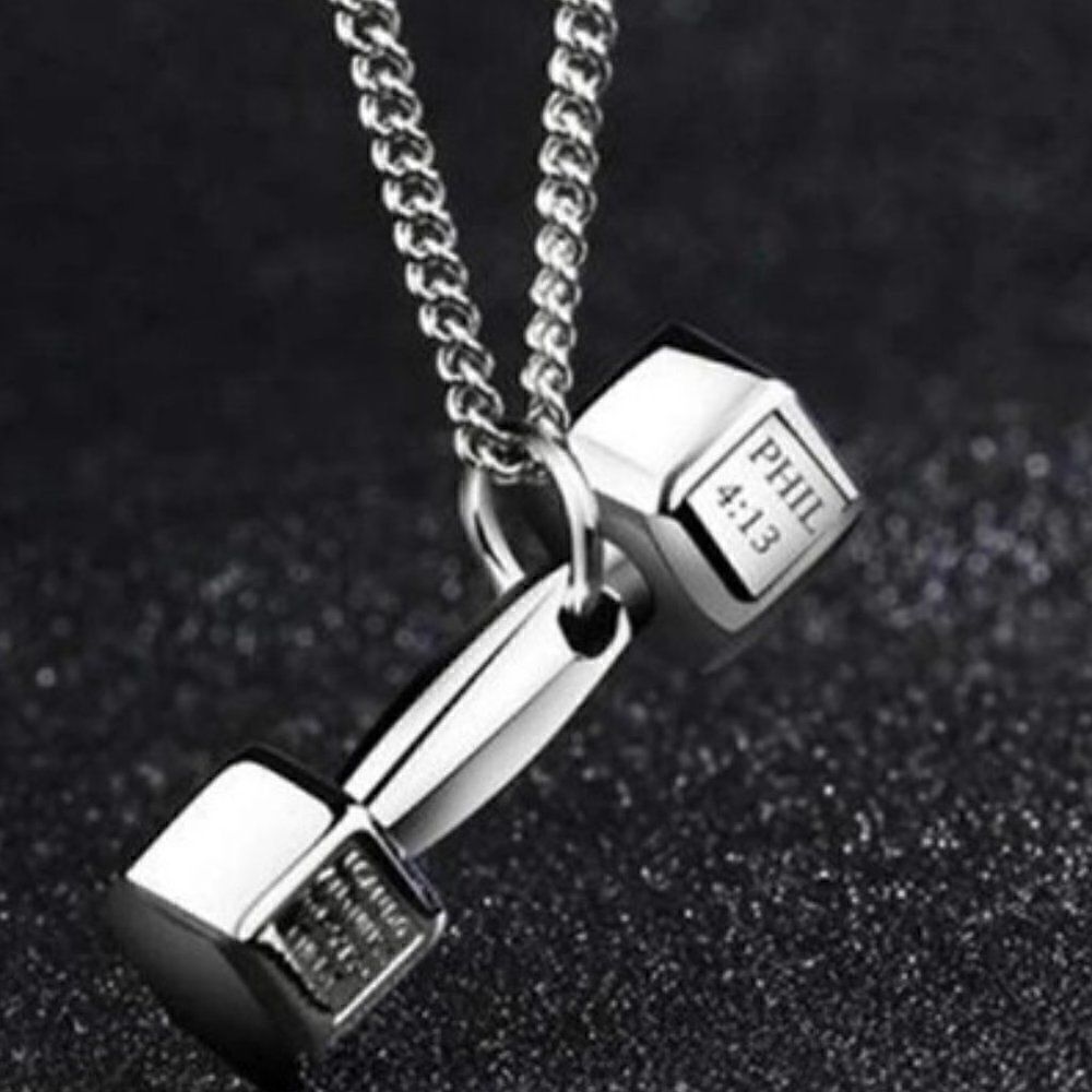 SILVER DUMBBELL SCRIPTURE NECKLACE 